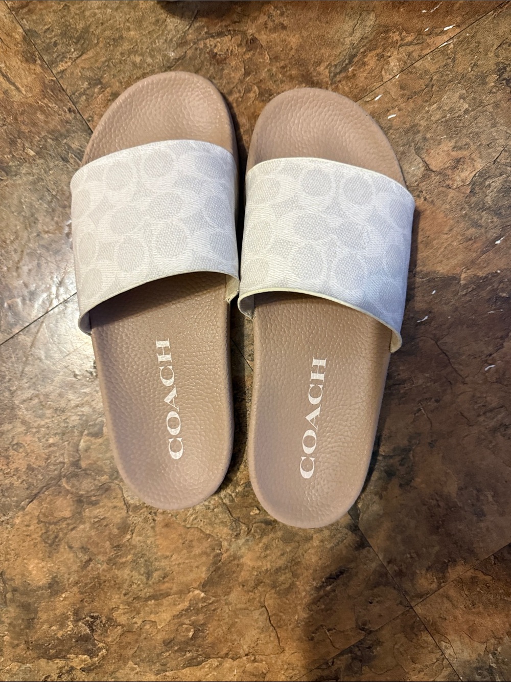 Coach Womens Tan Footbed White Logo Strap Slide Sandals